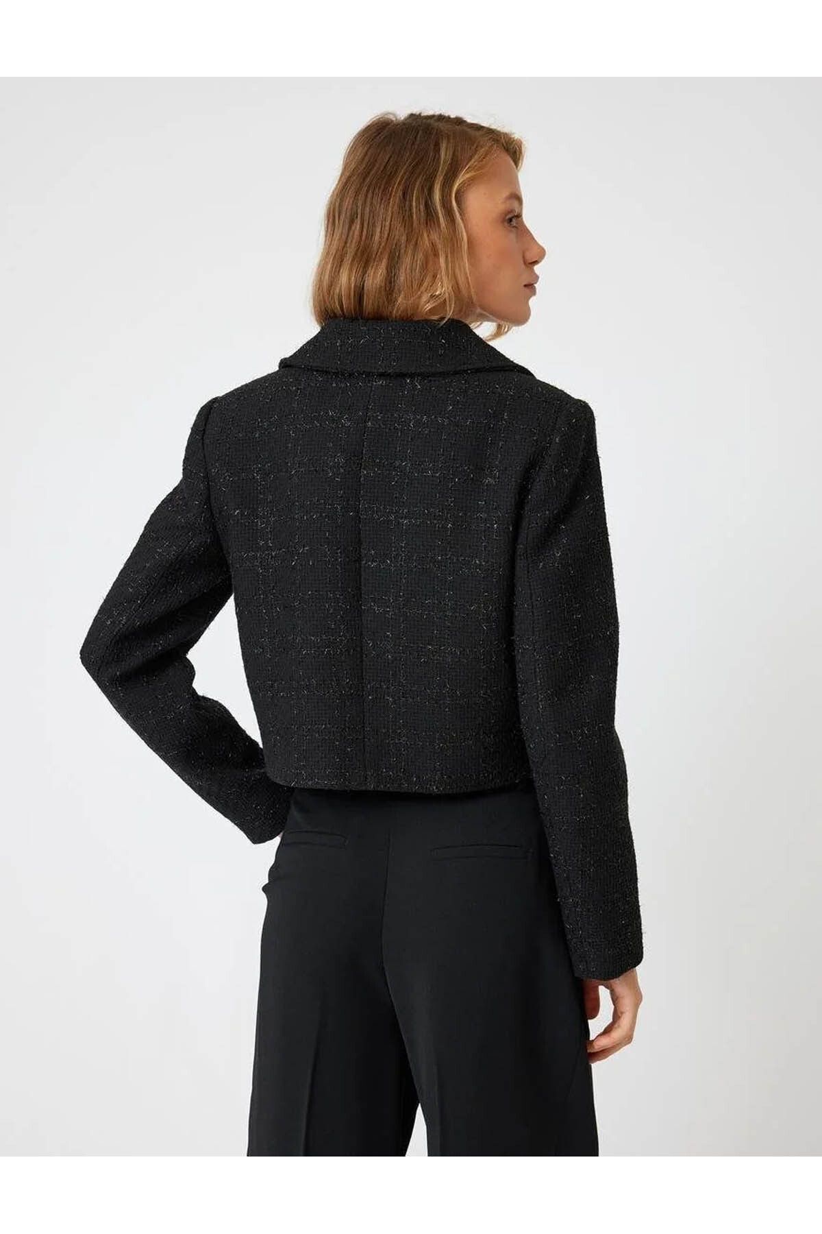 Tüvit Crop Ceket Düğmeli Kapaklı Cep Detaylı Tüvit Crop Ceket Düğmeli Kapaklı Cep Detaylı