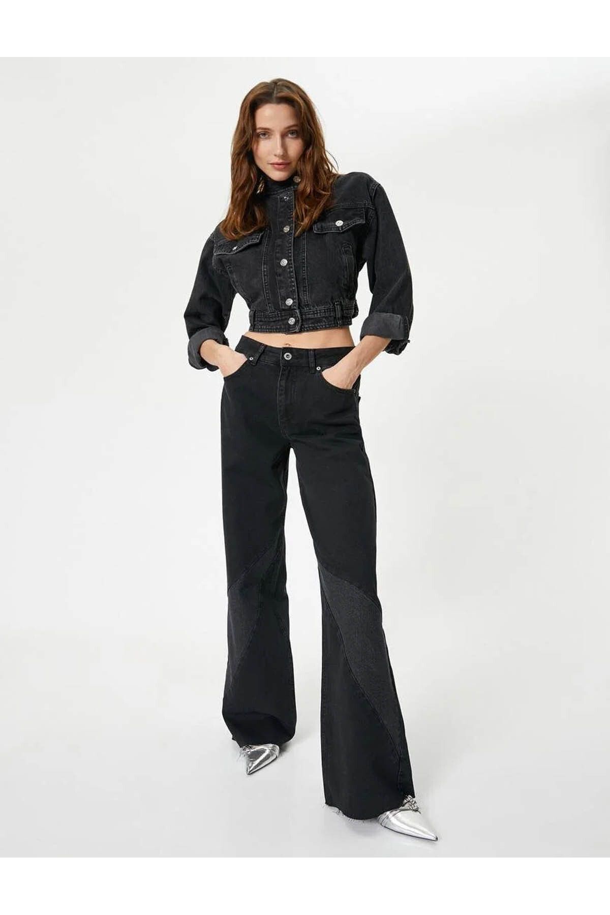 Yüksek Bel Geniş Paça Çift Kumaş Detaylı Kot Pantolon - Wide Leg Jeans Yüksek Bel Geniş Paça Çift Kumaş Detaylı Kot Pantolon - Wide Leg Jeans