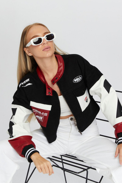 Kadın Oversize Kot Ceket Kolları Deri Garnili Fermuarlı Motorcu Montu Baskılı Yarışçı Kolej Ceket Kadın Oversize Kot Ceket Kolları Deri Garnili Fermuarlı Motorcu Montu Baskılı Yarışçı Kolej Ceket