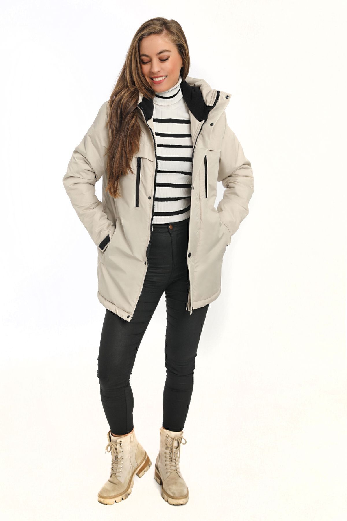 Kadın Taş Içi Polarlı Kürklü Su Ve Rüzgar Geçirmez Kapüşonlu Kışlık Mont & Kaban & Parka