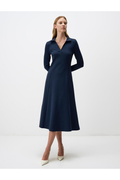 Lacivert Polo Yaka Uzun Kollu Midi Elbise Lacivert Polo Yaka Uzun Kollu Midi Elbise