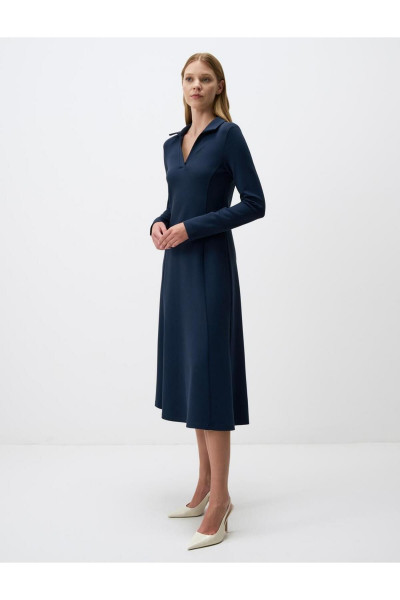 Lacivert Polo Yaka Uzun Kollu Midi Elbise Lacivert Polo Yaka Uzun Kollu Midi Elbise