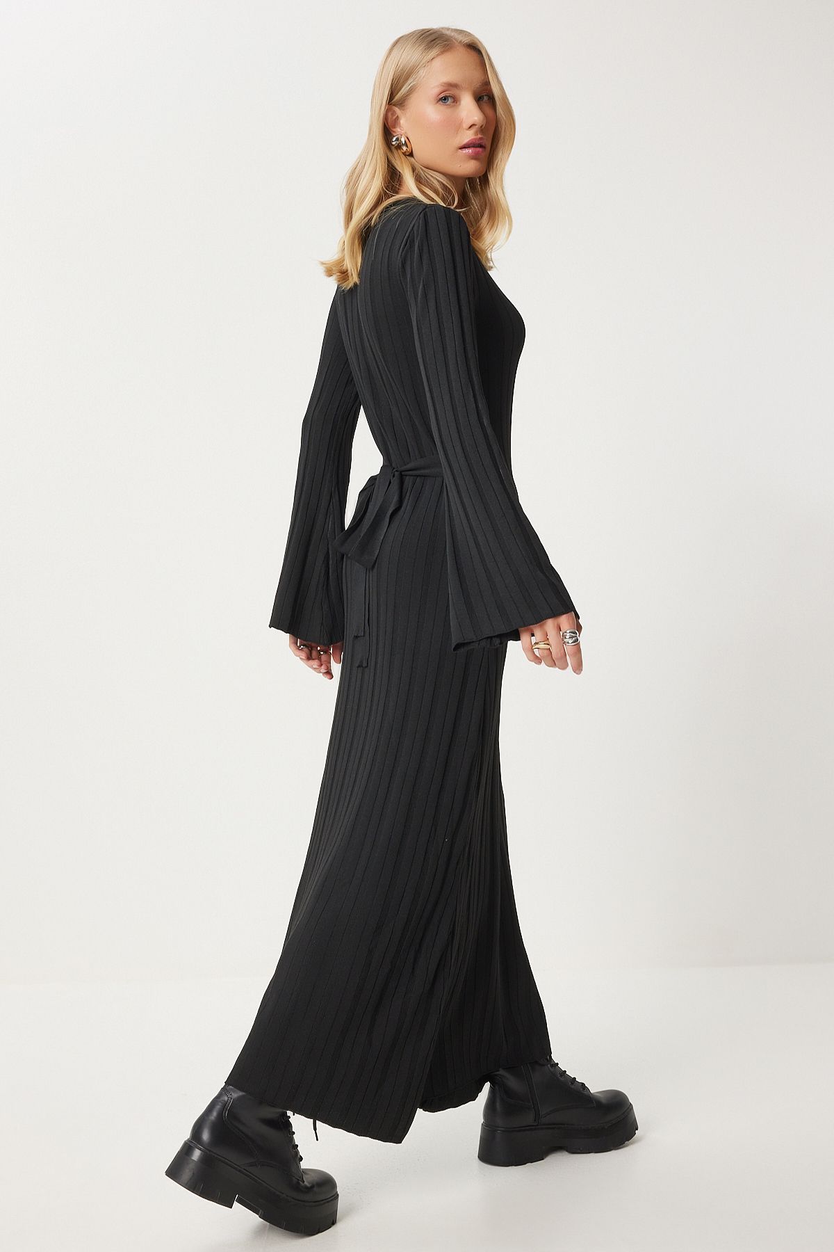 Kuşaklı Fitilli Uzun Triko Elbise SİYAH LKİ0020