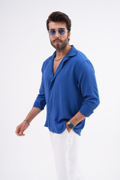 Mevsimlik Keten Dokulu Oversize Erkek Gömlek Indigo