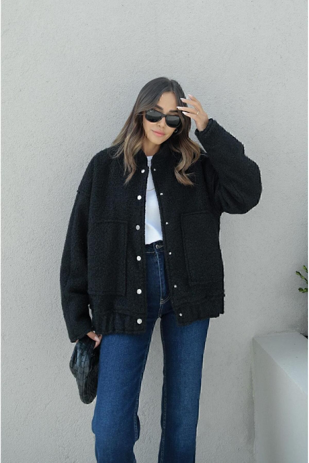 Siyah Büyük Cepli Oversize Astarlı Buklet Bomber Ceket Mont Siyah Büyük Cepli Oversize Astarlı Buklet Bomber Ceket Mont