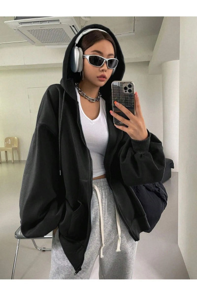 Yeni Sezon Balon Kol Siyah Fermuarlı Kapşonlu Sweatshirt Hırka Ceket Yeni Sezon Balon Kol Siyah Fermuarlı Kapşonlu Sweatshirt Hırka Ceket
