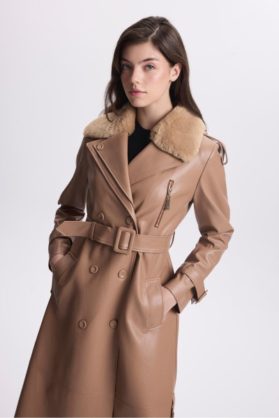 Kürk Yaka Fermuar Detaylı Deri Camel Trençkot 13527 Kürk Yaka Fermuar Detaylı Deri Camel Trençkot 13527