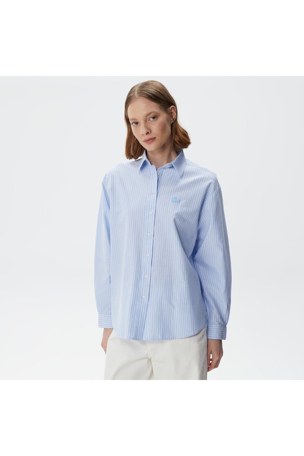 Kadın Oversized Uzun Kollu Çizgili Mavi Gömlek Kadın Oversized Uzun Kollu Çizgili Mavi Gömlek