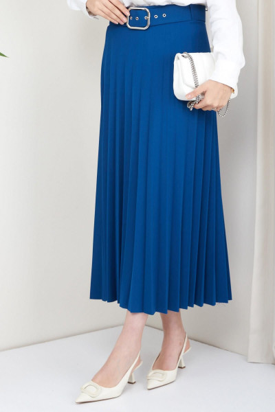 Kemerli Piliseli Etek Indigo Kemerli Piliseli Etek Indigo