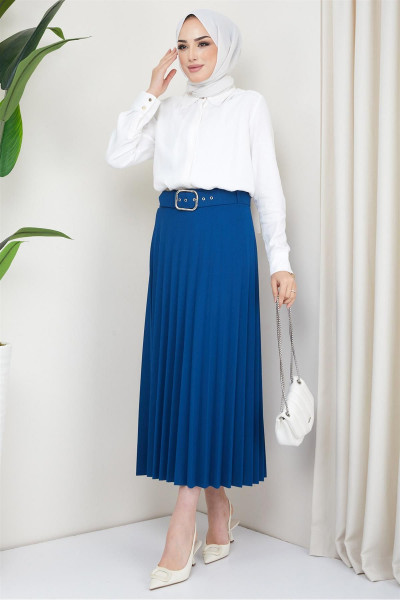 Kemerli Piliseli Etek Indigo Kemerli Piliseli Etek Indigo