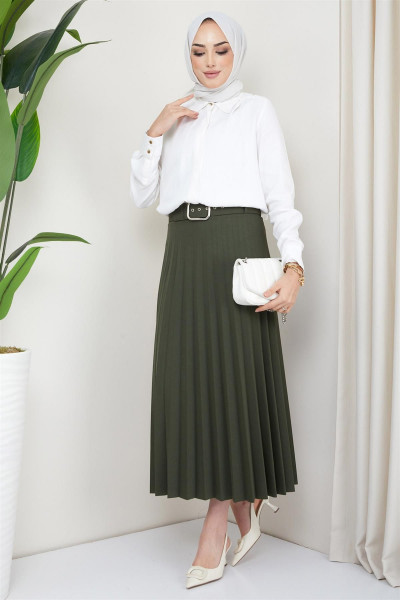 Kemerli Piliseli Etek Haki Kemerli Piliseli Etek Haki