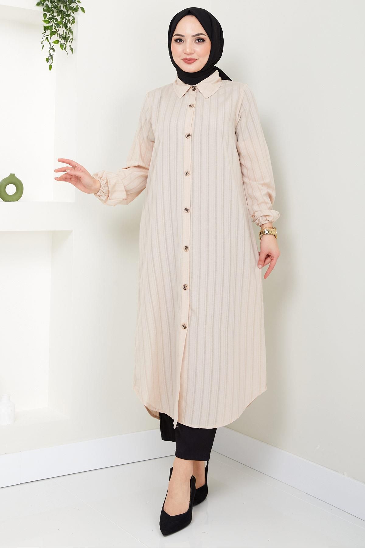 Yazlık Uzun Pamuklu Tunik Krem HM2109 Yazlık Uzun Pamuklu Tunik Krem HM2109