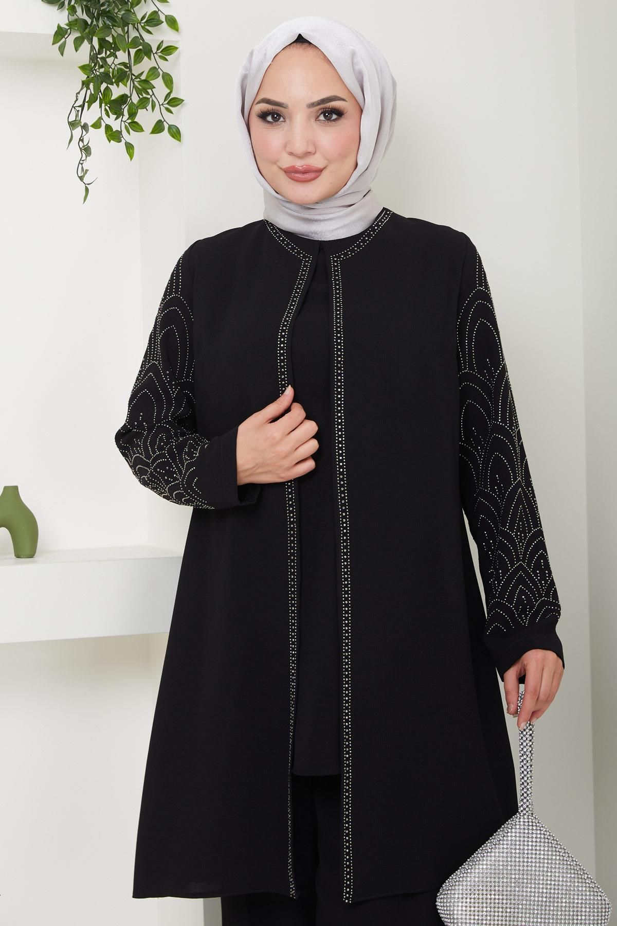 Kolları Taşlı Büyük Beden Takım İkili Anne Takımı Siyah HM2504 Kolları Taşlı Büyük Beden Takım İkili Anne Takımı Siyah HM2504