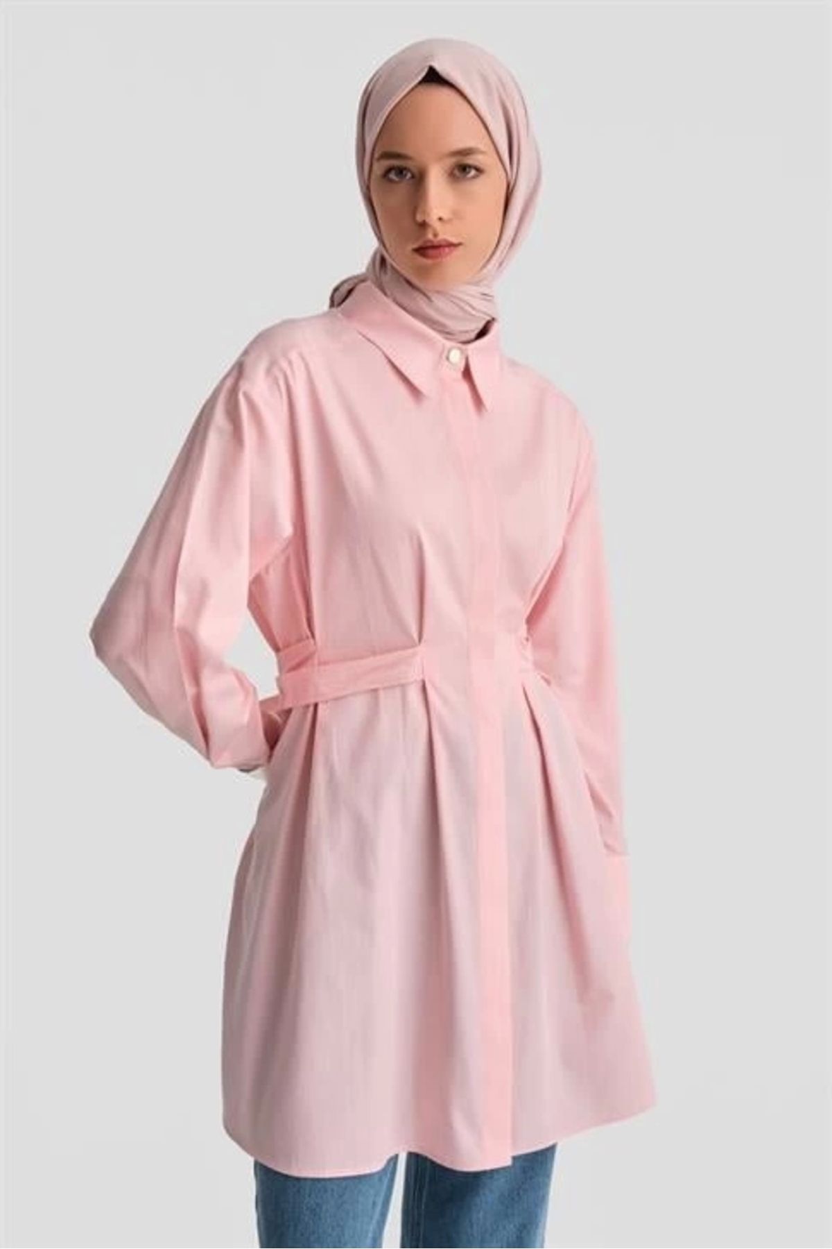 Fiyonklu Naturel Kumaşlı Tunik 24k4300 Pembe