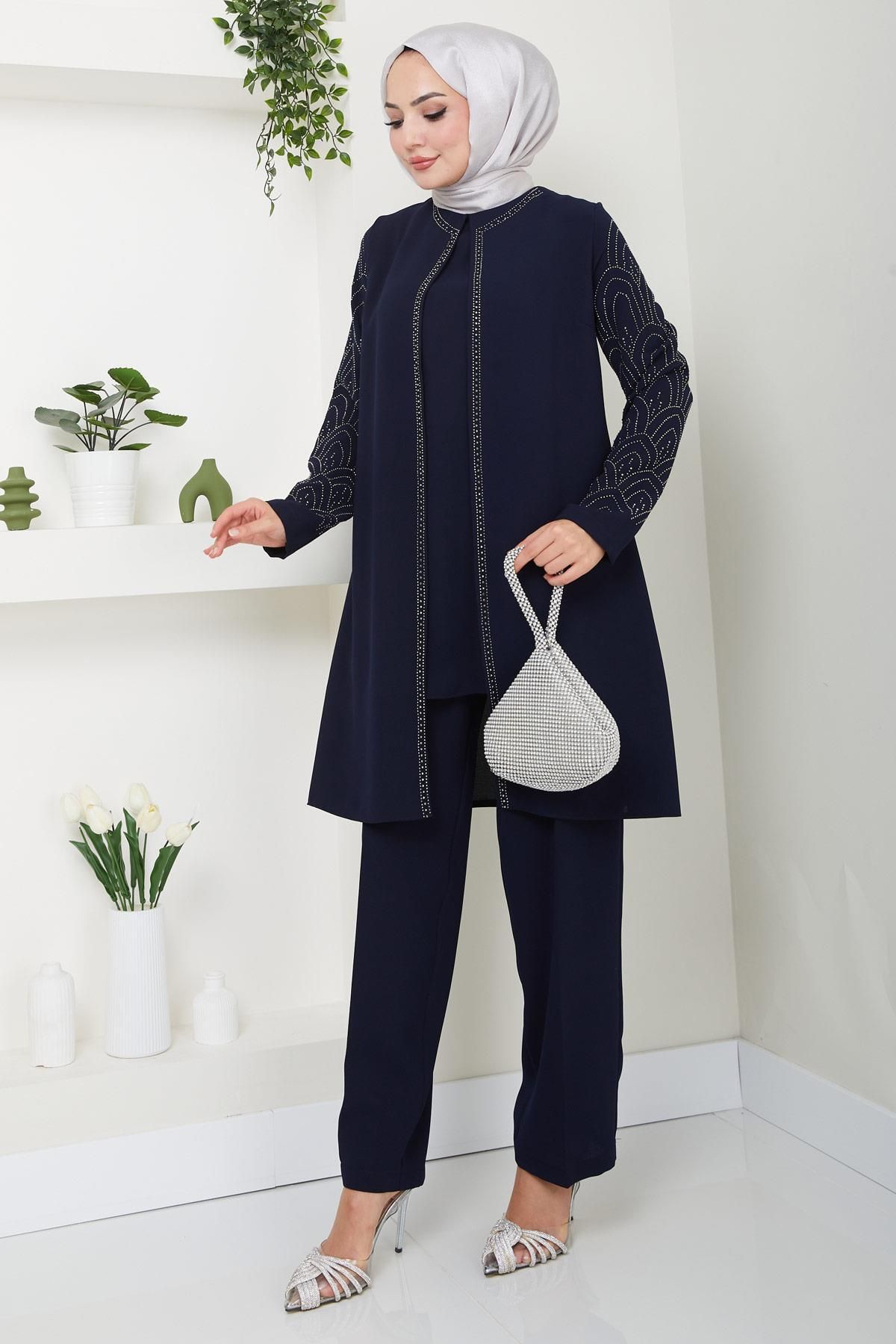 Kolları Taşlı Büyük Beden Takım İkili Anne Takımı Lacivert HM2504 Kolları Taşlı Büyük Beden Takım İkili Anne Takımı Lacivert HM2504