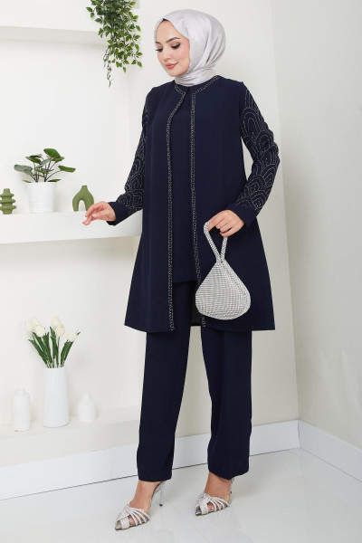 Kolları Taşlı Büyük Beden Takım İkili Anne Takımı Lacivert HM2504 Kolları Taşlı Büyük Beden Takım İkili Anne Takımı Lacivert HM2504