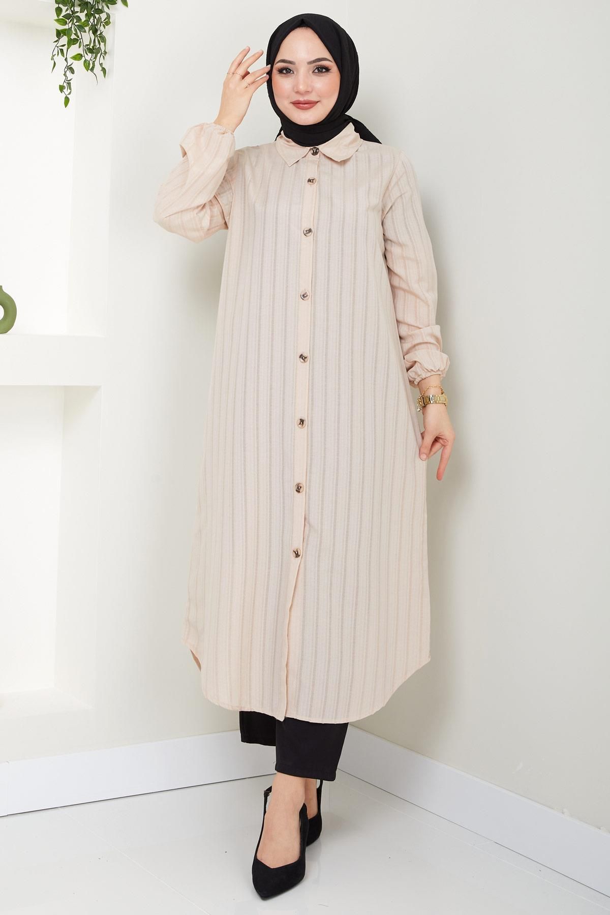 Yazlık Uzun Pamuklu Tunik Krem HM2109 Yazlık Uzun Pamuklu Tunik Krem HM2109