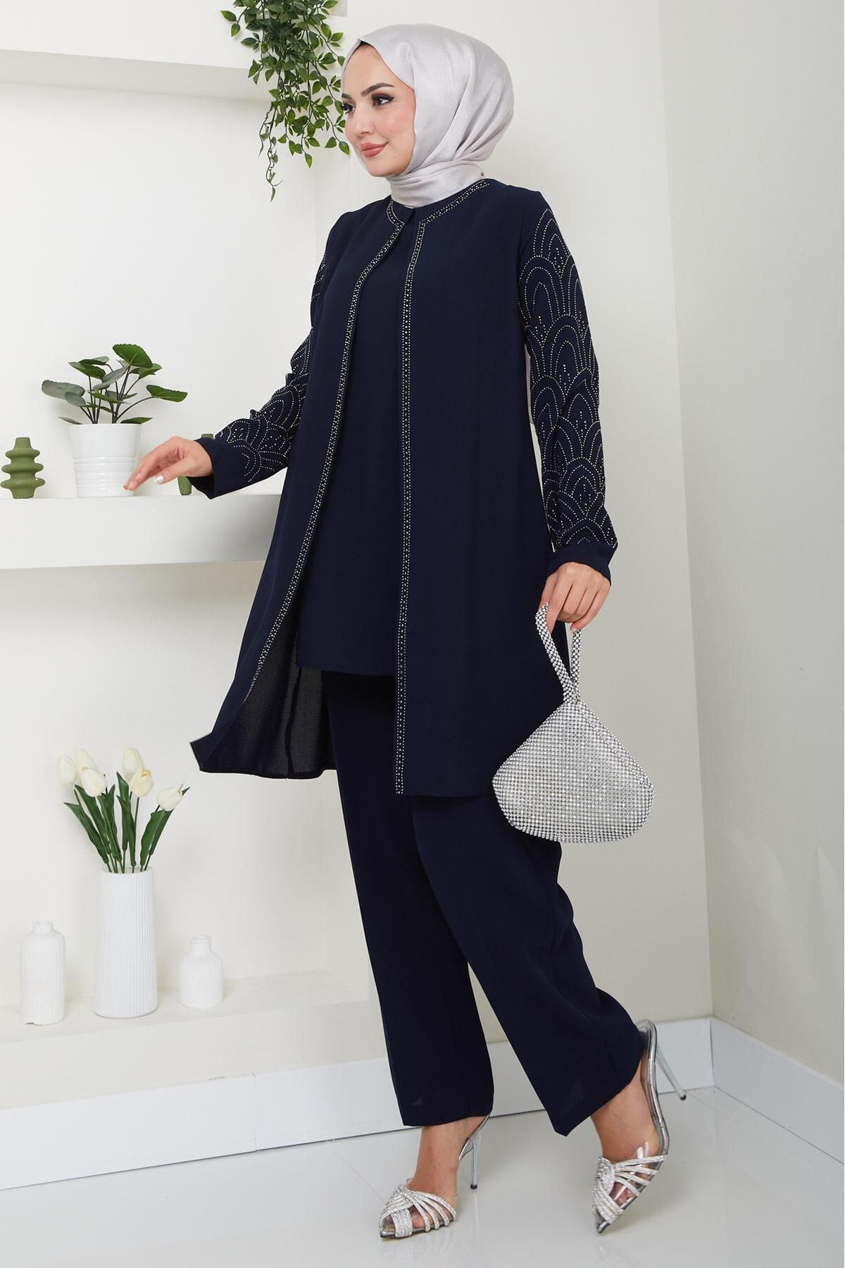Kolları Taşlı Büyük Beden Takım İkili Anne Takımı Lacivert HM2504 Kolları Taşlı Büyük Beden Takım İkili Anne Takımı Lacivert HM2504