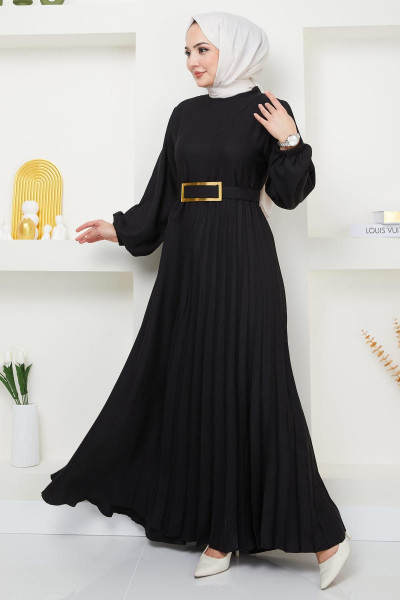 Kemerli Pilise Detaylı Elbise Siyah HM2363 Kemerli Pilise Detaylı Elbise Siyah HM2363