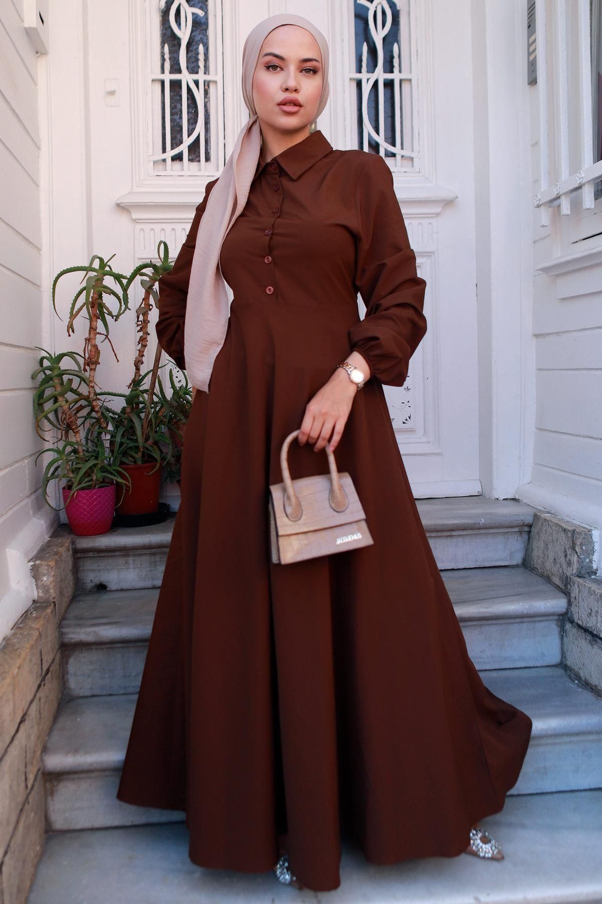 Kuşaklı Mevlana Elbise Kahverengi HM2105 Kuşaklı Mevlana Elbise Kahverengi HM2105