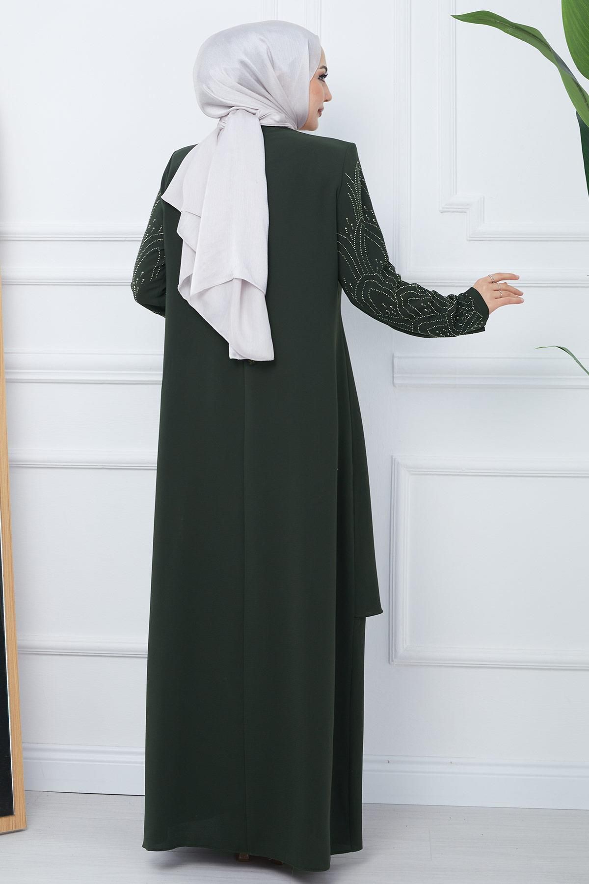 Kolları Taşlı Büyük Beden Anne Elbisesi Haki HM2349 Kolları Taşlı Büyük Beden Anne Elbisesi Haki HM2349