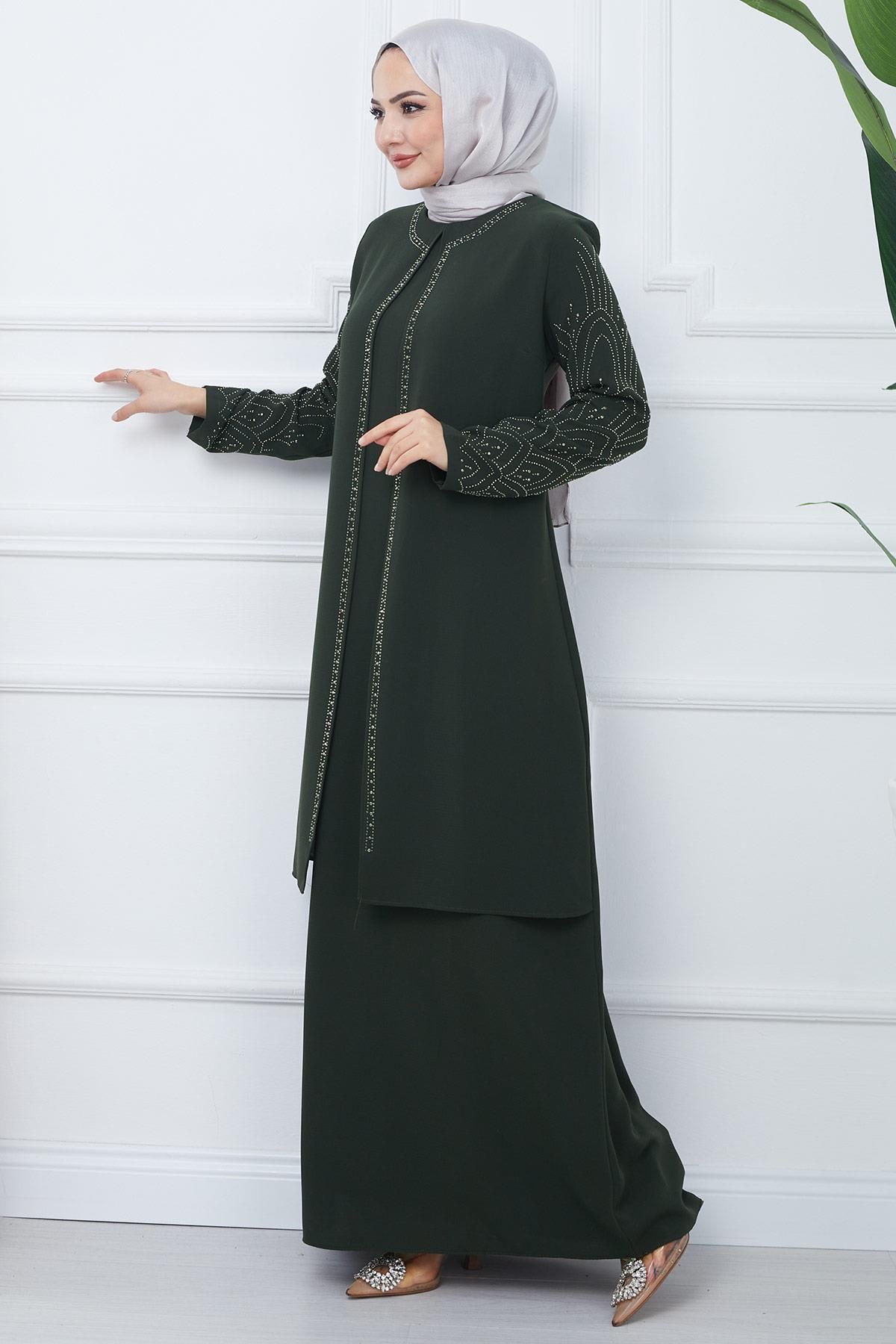 Kolları Taşlı Büyük Beden Anne Elbisesi Haki HM2349 Kolları Taşlı Büyük Beden Anne Elbisesi Haki HM2349