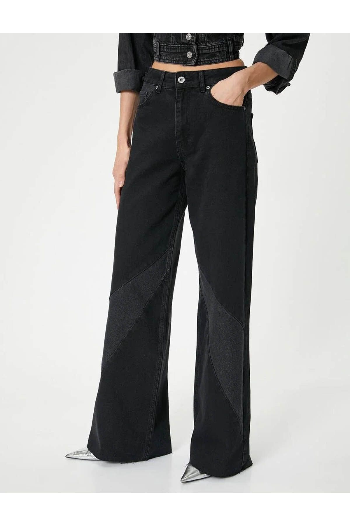 Yüksek Bel Geniş Paça Çift Kumaş Detaylı Kot Pantolon - Wide Leg Jeans Yüksek Bel Geniş Paça Çift Kumaş Detaylı Kot Pantolon - Wide Leg Jeans