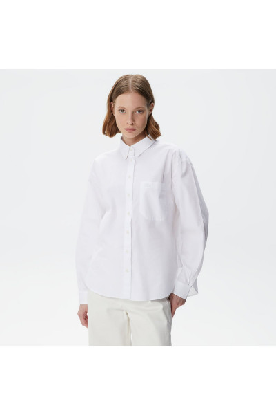 Kadın Oversized Uzun Kollu Baskılı Beyaz Gömlek Kadın Oversized Uzun Kollu Baskılı Beyaz Gömlek