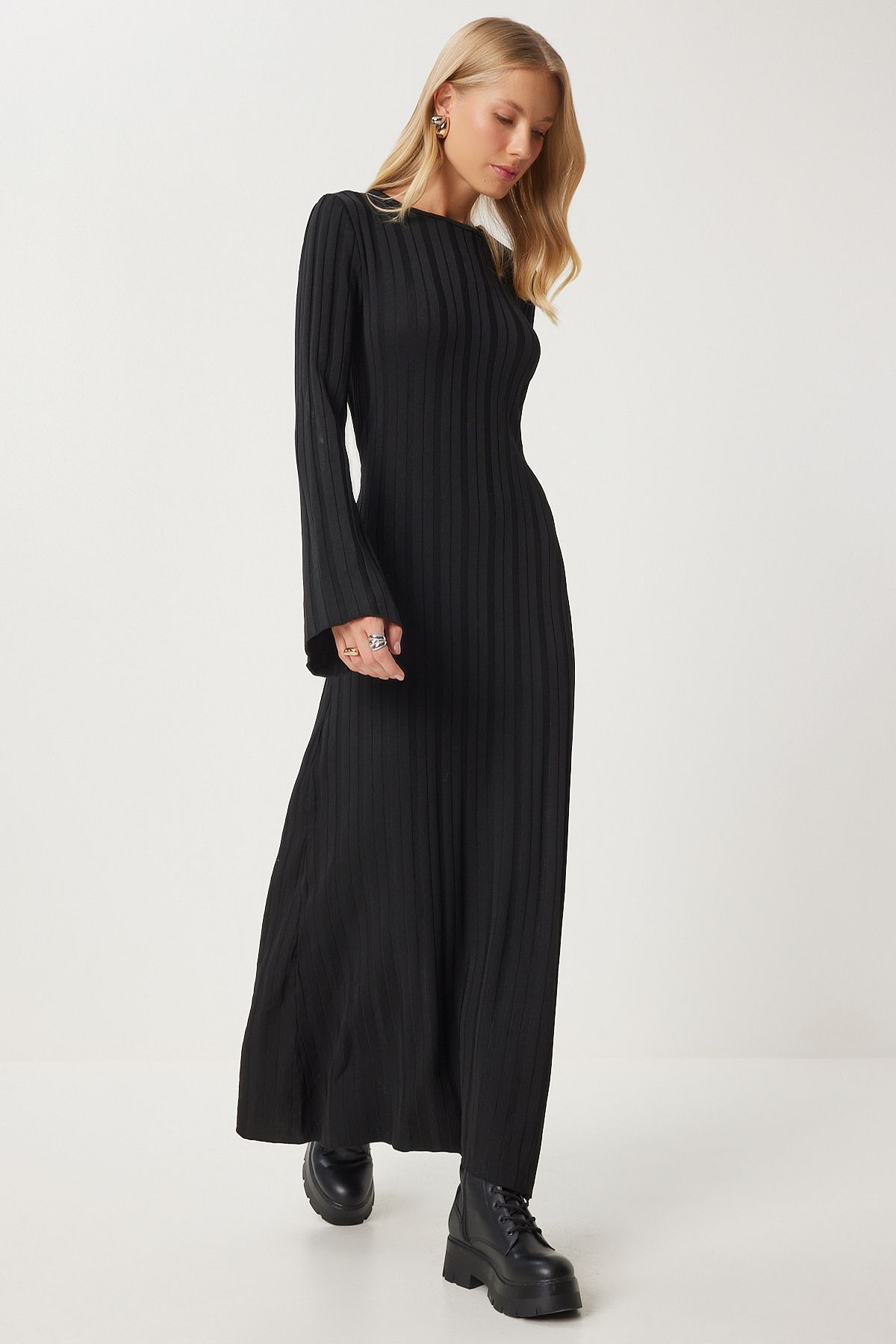 Kuşaklı Fitilli Uzun Triko Elbise SİYAH LKİ0020