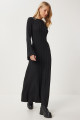 Kuşaklı Fitilli Uzun Triko Elbise SİYAH LKİ0020