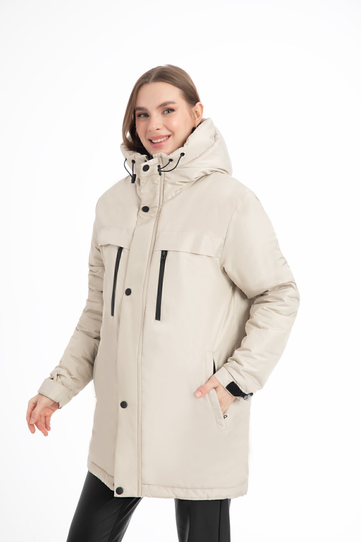 Kadın Taş Içi Polarlı Kürklü Su Ve Rüzgar Geçirmez Kapüşonlu Kışlık Mont & Kaban & Parka