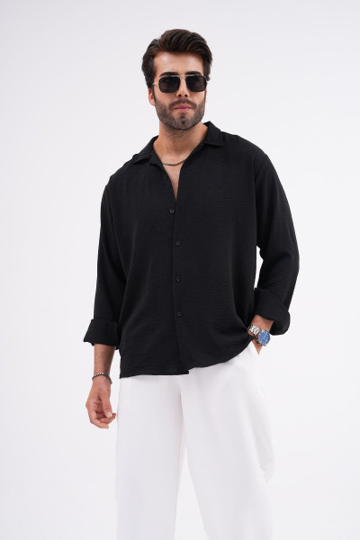 Kışlık Mevsimlik Keten Dokulu Oversize Erkek Gömlek Siyah Kışlık Mevsimlik Keten Dokulu Oversize Erkek Gömlek Siyah