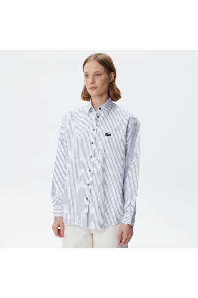 Kadın Oversized Uzun Kollu Çizgili Beyaz Gömlek Kadın Oversized Uzun Kollu Çizgili Beyaz Gömlek