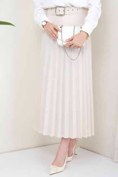 Kemerli Piliseli Etek Ekru Kemerli Piliseli Etek Ekru