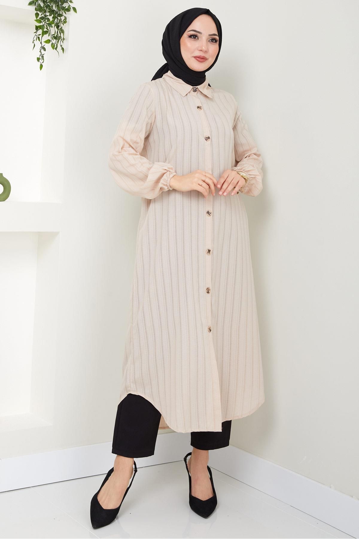 Yazlık Uzun Pamuklu Tunik Krem HM2109 Yazlık Uzun Pamuklu Tunik Krem HM2109