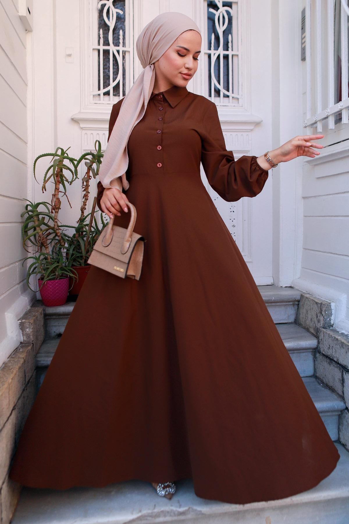 Kuşaklı Mevlana Elbise Kahverengi HM2105 Kuşaklı Mevlana Elbise Kahverengi HM2105