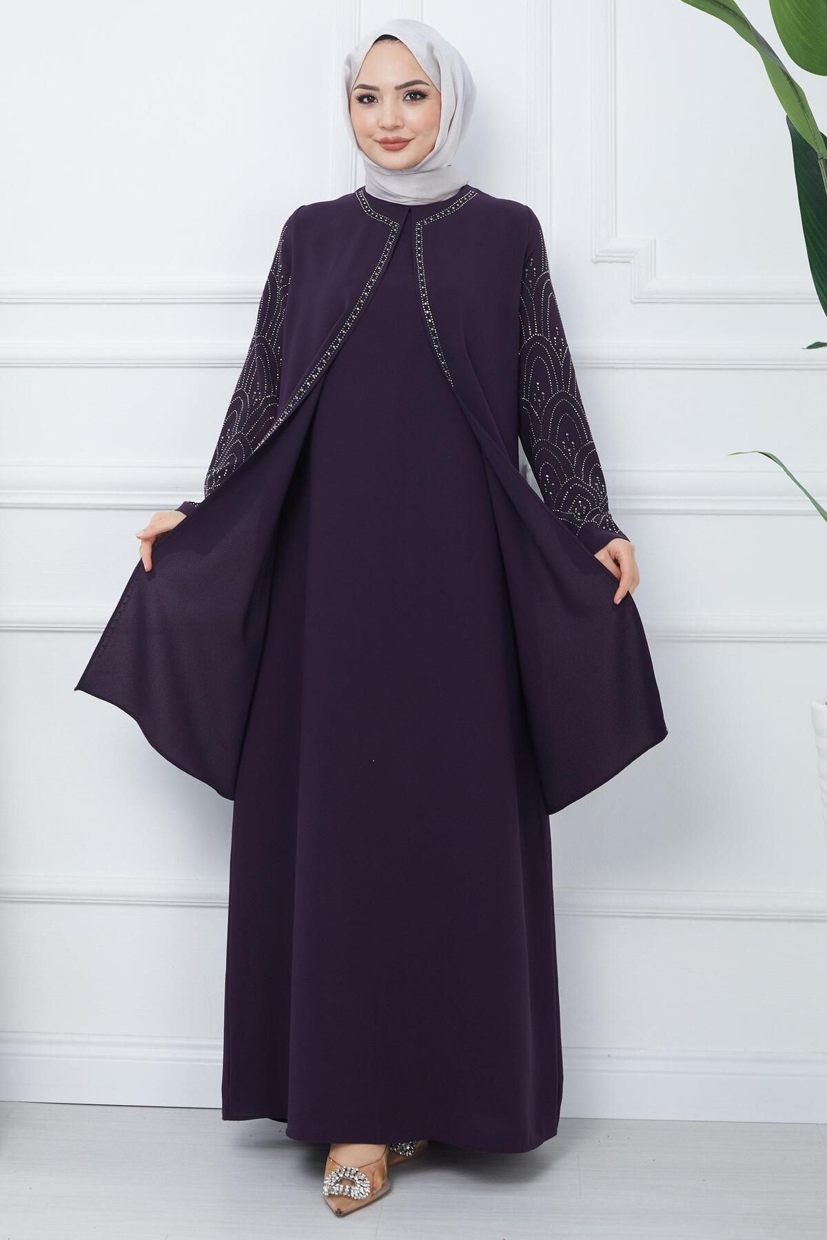 Kolları Taşlı Büyük Beden Anne Elbisesi Mor HM2349 Kolları Taşlı Büyük Beden Anne Elbisesi Mor HM2349