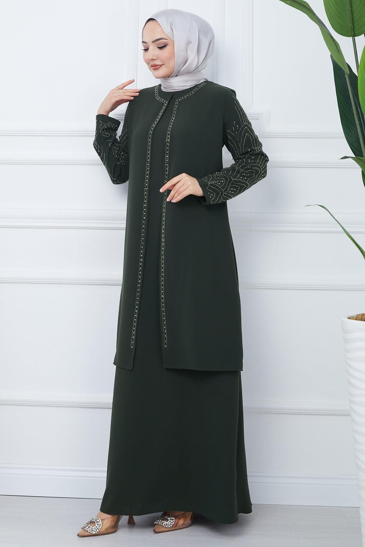 Kolları Taşlı Büyük Beden Anne Elbisesi Haki HM2349 Kolları Taşlı Büyük Beden Anne Elbisesi Haki HM2349
