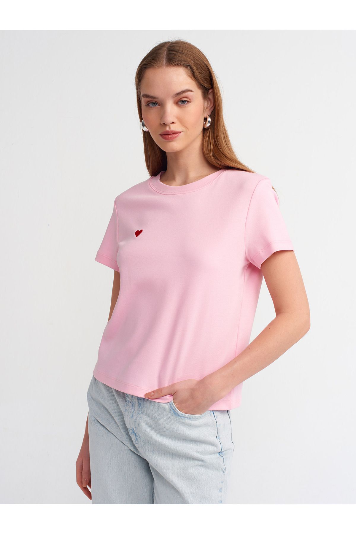 30584 Bisiklet Yaka Pamuklu T-shirt-Toz Pembe