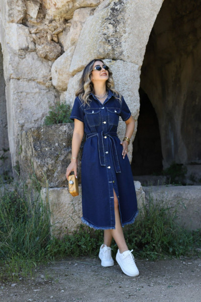 Koyu Mavi Kısa Kollu Kemerli Cepli Jean Elbise Koyu Mavi Kısa Kollu Kemerli Cepli Jean Elbise