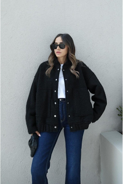 Siyah Büyük Cepli Oversize Astarlı Buklet Bomber Ceket Mont Siyah Büyük Cepli Oversize Astarlı Buklet Bomber Ceket Mont