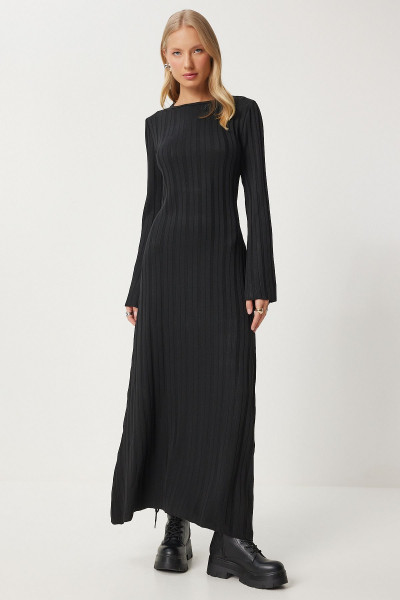 Kuşaklı Fitilli Uzun Triko Elbise SİYAH LKİ0020