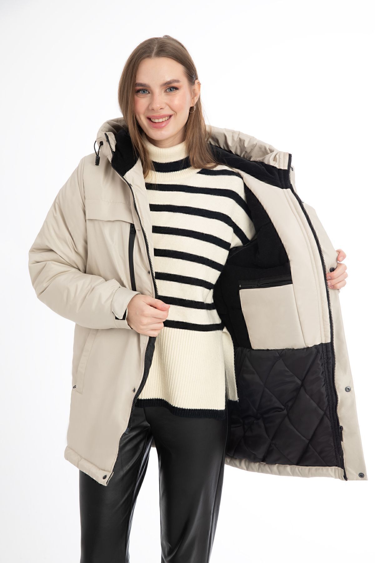 Kadın Taş Içi Polarlı Kürklü Su Ve Rüzgar Geçirmez Kapüşonlu Kışlık Mont & Kaban & Parka