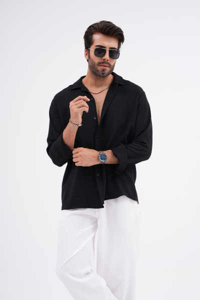 Kışlık Mevsimlik Keten Dokulu Oversize Erkek Gömlek Siyah Kışlık Mevsimlik Keten Dokulu Oversize Erkek Gömlek Siyah