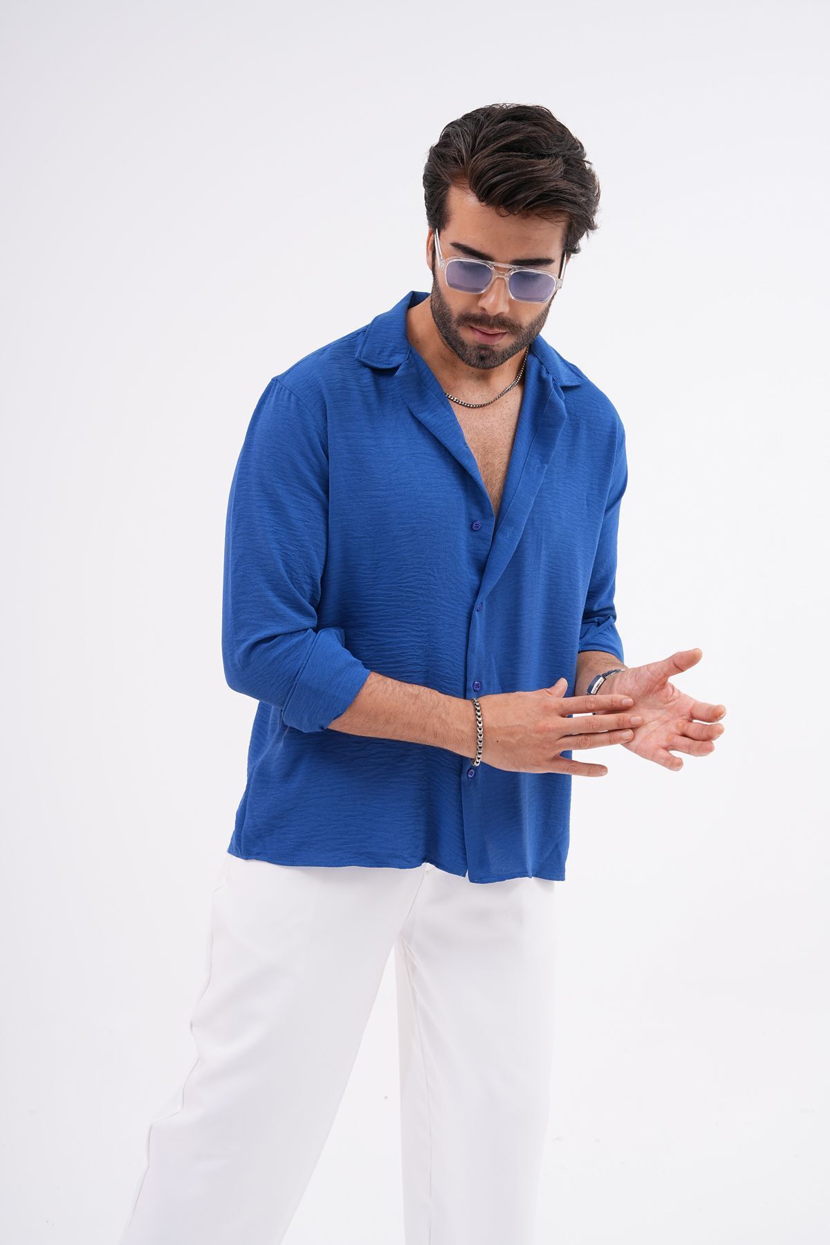 Mevsimlik Keten Dokulu Oversize Erkek Gömlek Indigo Mevsimlik Keten Dokulu Oversize Erkek Gömlek Indigo