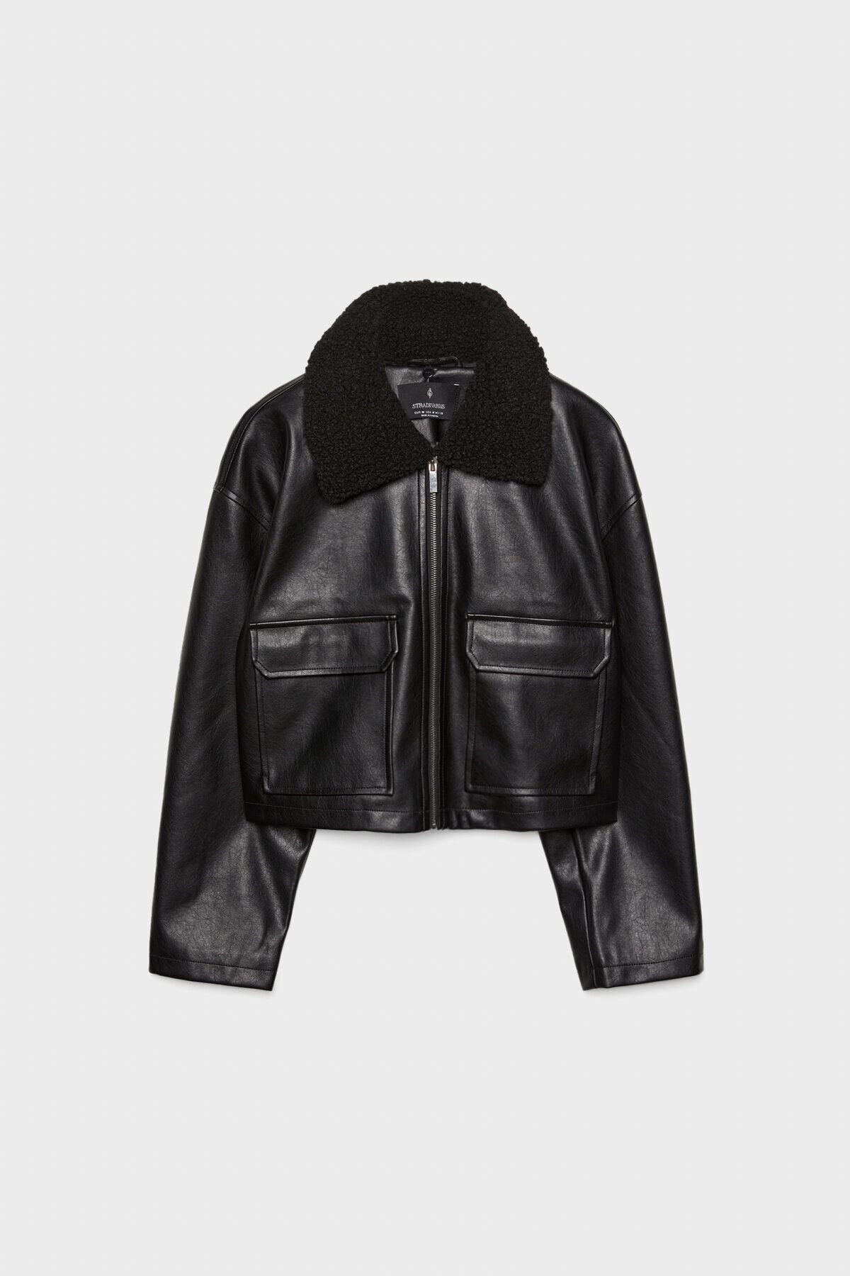 Kontrast yakalı suni deri ceket