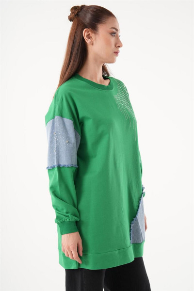 Omuzu Taşlı Denim Garnili Yeşil Tunik Omuzu Taşlı Denim Garnili Yeşil Tunik