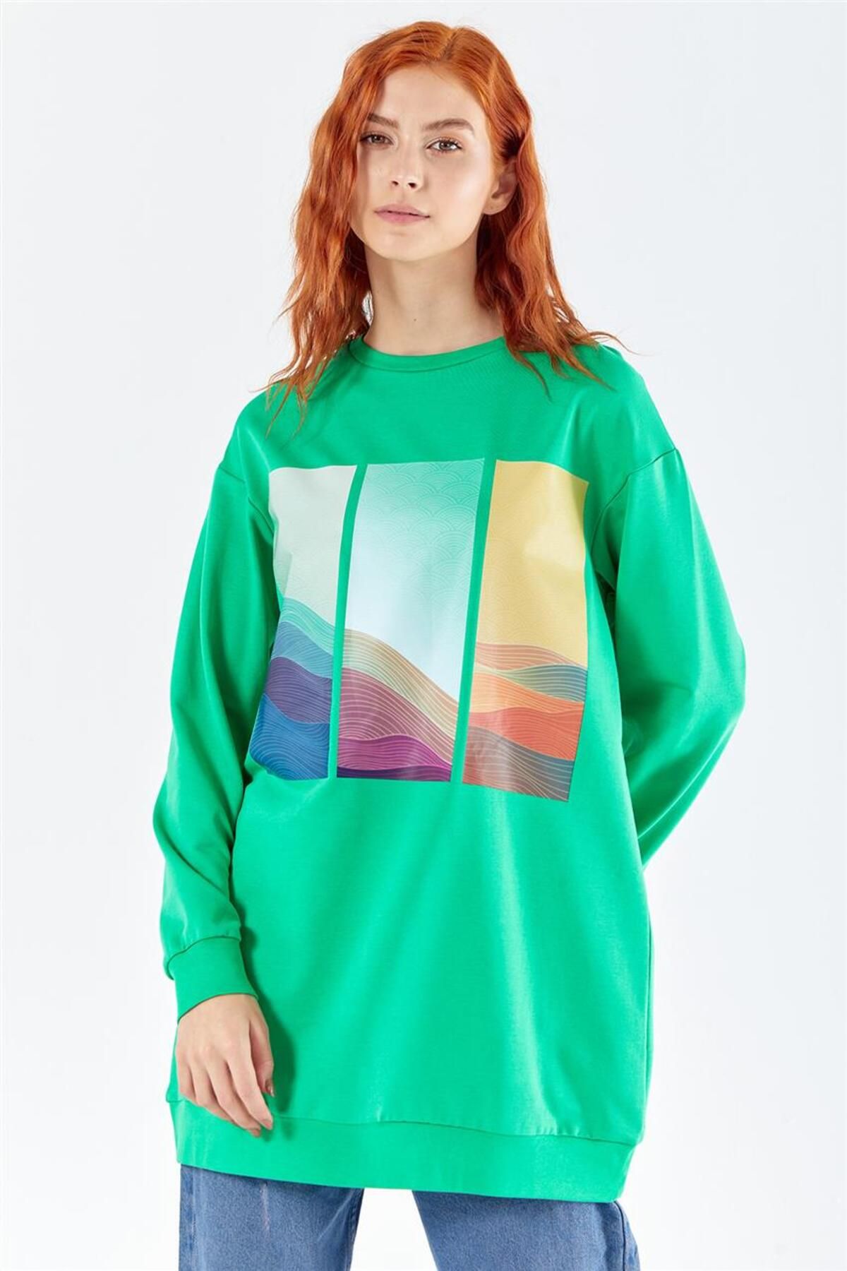 İki Iplik Resim Baskılı Benetton Yeşil Sweatshirt