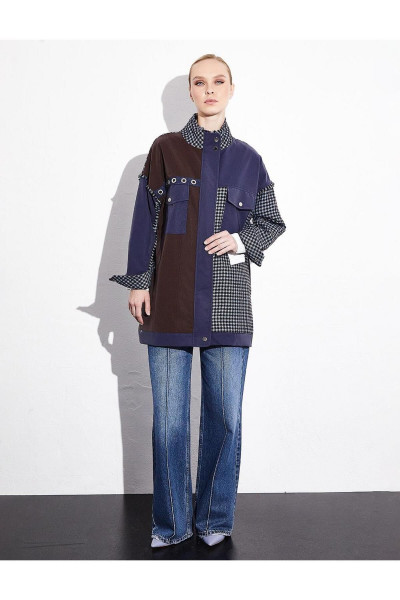 Kumaş Mixli Dik Yaka Cepli Ceket Lacivert Kumaş Mixli Dik Yaka Cepli Ceket Lacivert