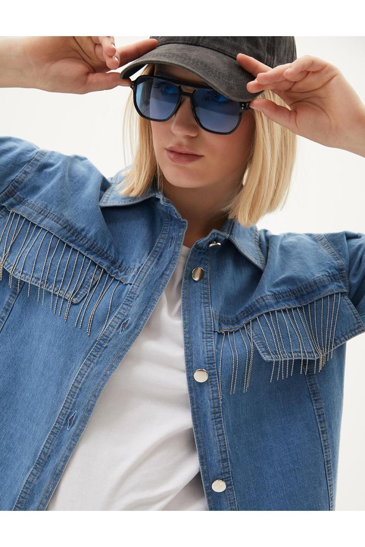Püskül Detaylı Denim Ceket Mavi Püskül Detaylı Denim Ceket Mavi